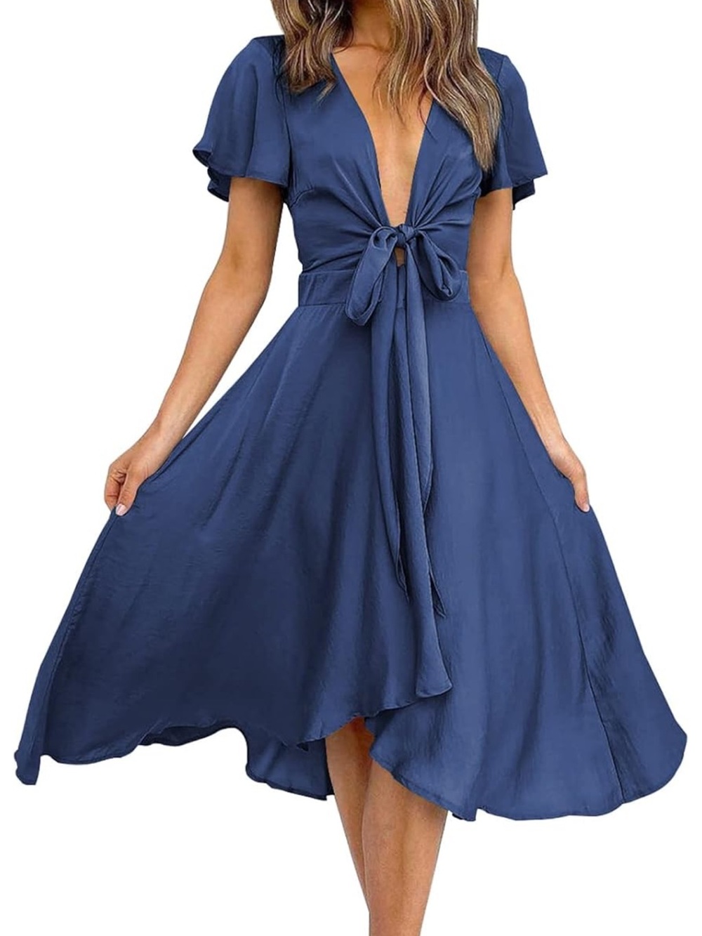 Royal Blue Tie-Front Midi Dress - Women